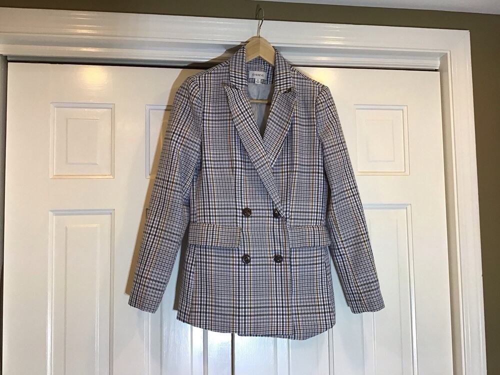 Evereve Womens Blue Brown Glen Plaid Blazer Jacket Sz XS Preppy Academia Classic